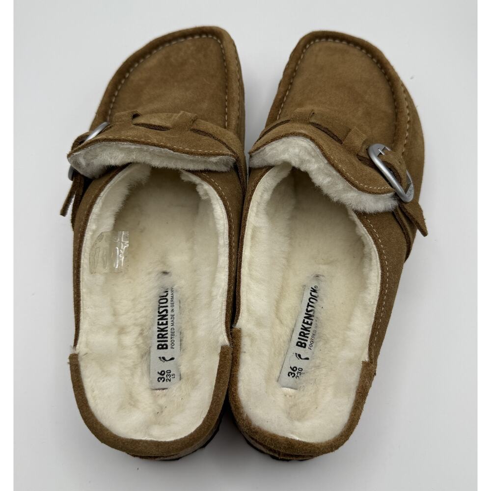 Birkenstock NWOT Buckley Shearling Tea/Natural Suede Leather Clog Mules Sz 36 - Picture 5 of 9